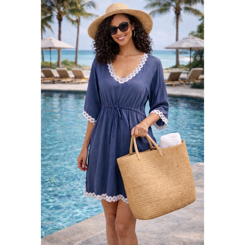 Gretchen Scott Swim Cover Up Dress Drawstring V-Neck Beach & Pool Vacation Sz S
